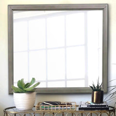 Wooden Square Mirror with Molded Details and Dual Texture, Gray By Benzara