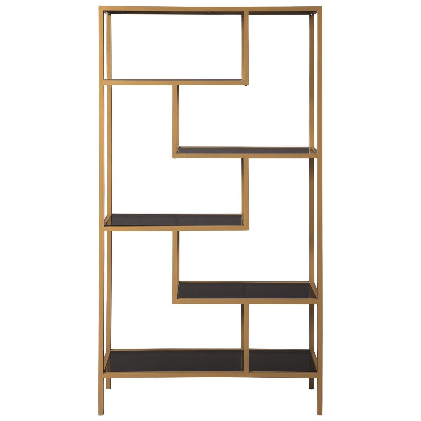 Metal Frame Bookcase with 5 Tiered Display Glass Shelves, Gold and Black By Benzara | Bookcases | Modishstore - 5