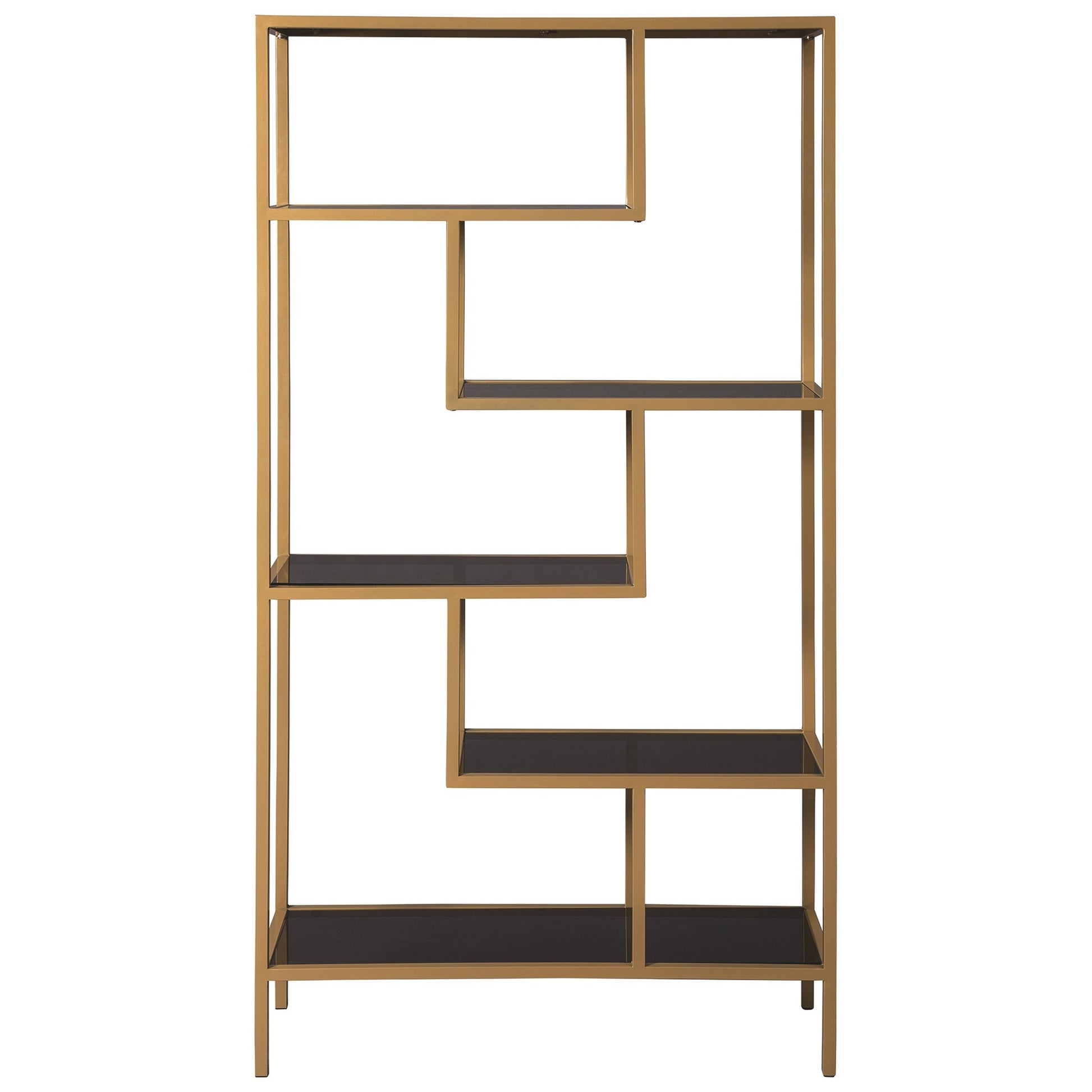 Metal Frame Bookcase with 5 Tiered Display Glass Shelves, Gold and Black By Benzara | Bookcases | Modishstore - 5