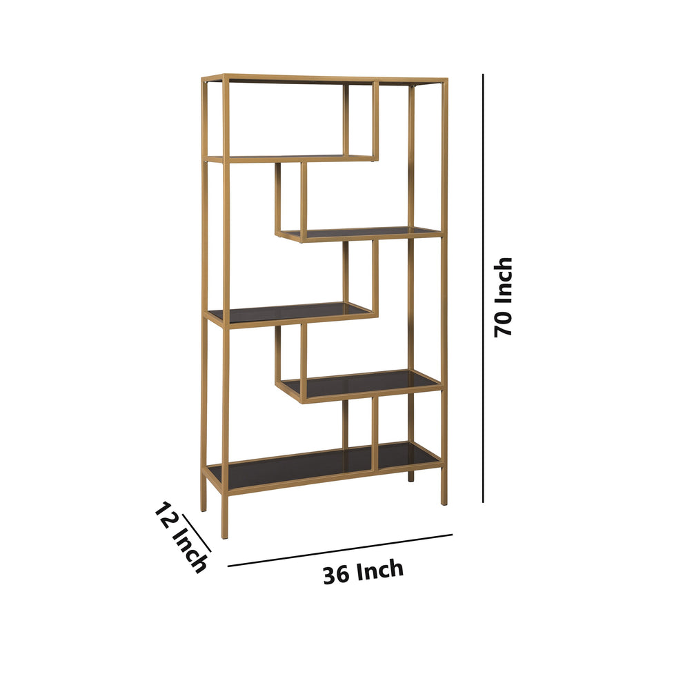 Metal Frame Bookcase with 5 Tiered Display Glass Shelves, Gold and Black By Benzara | Bookcases | Modishstore - 2