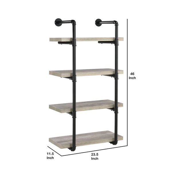 24 Inches 4 Tier Wood and Metal Wall Shelf, Gray and Black By Benzara | Wall Shelf | Modishstore - 2