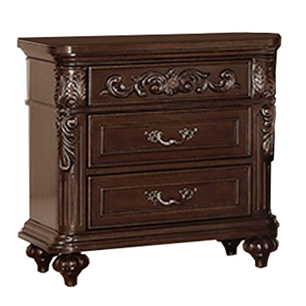 30 Inches 3 Drawer Engraved Wooden Nightstand, Brown By Benzara | Nightstands | Modishstore - 5
