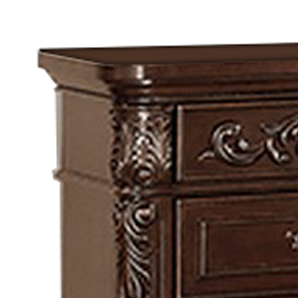 30 Inches 3 Drawer Engraved Wooden Nightstand, Brown By Benzara | Nightstands | Modishstore - 2