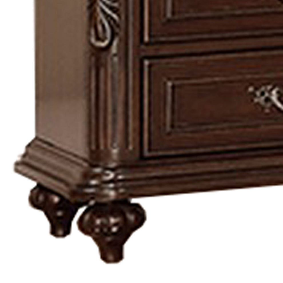 30 Inches 3 Drawer Engraved Wooden Nightstand, Brown By Benzara | Nightstands | Modishstore - 3