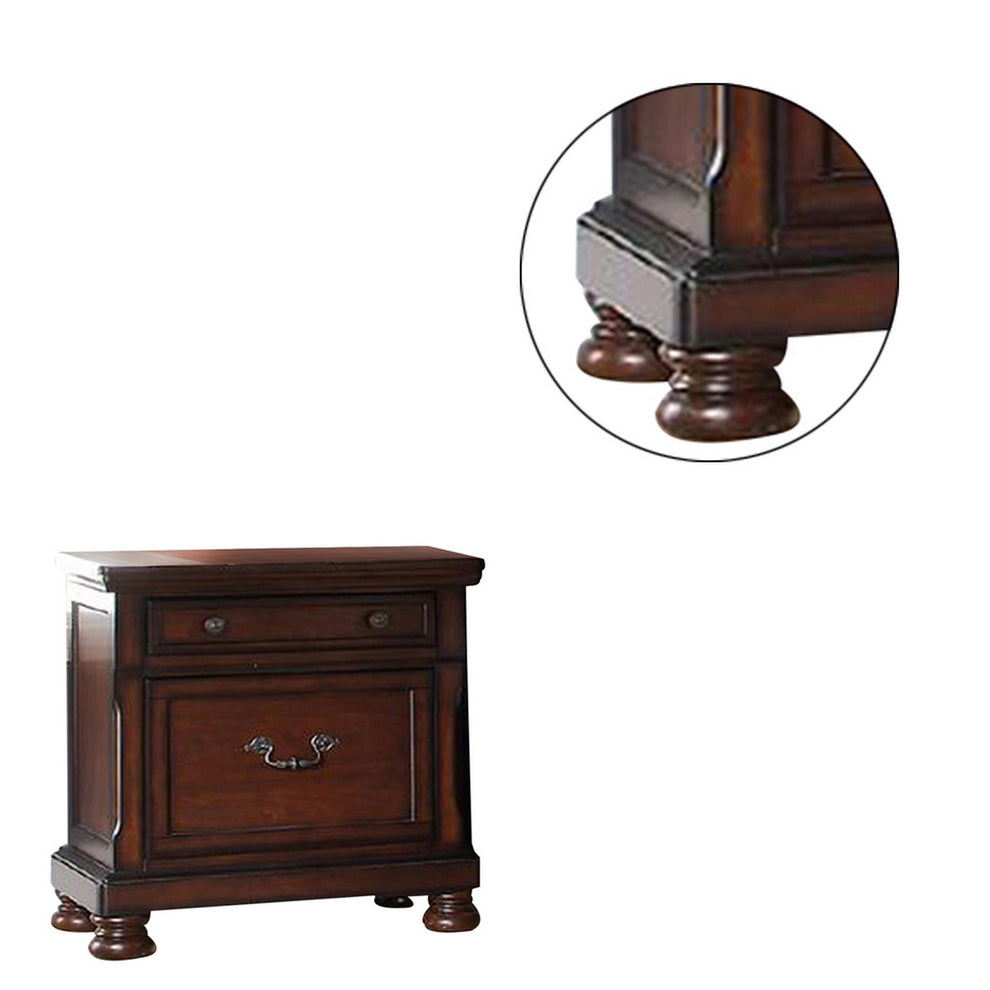 Two Drawers Wooden Nightstand with Bun Feet, Brown By Benzara | Nightstands | Modishstore - 2