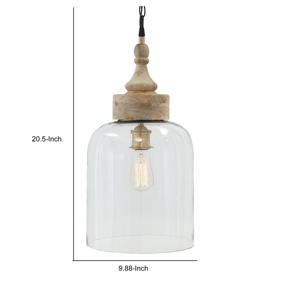 Inverted U Glass Pendant Light with Wood Finial Crown Top, Brown and Clear By Benzara | Chandeliers | Modishstore - 3