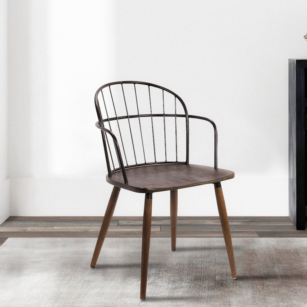 Metal Frame Side Chair with Open Backrest, Black and Brown By Benzara | Accent Chairs | Modishstore - 7