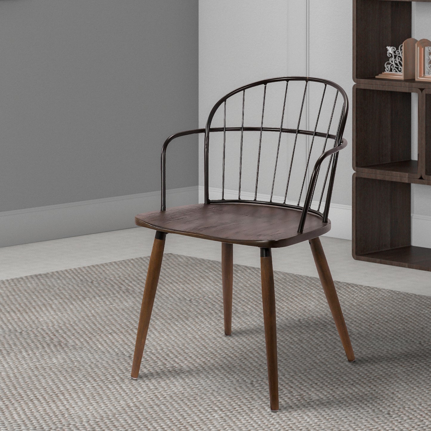 Metal Frame Side Chair with Open Backrest, Black and Brown By Benzara | Accent Chairs | Modishstore