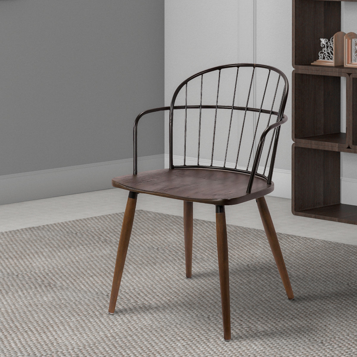 Metal Frame Side Chair with Open Backrest, Black and Brown By Benzara | Accent Chairs | Modishstore