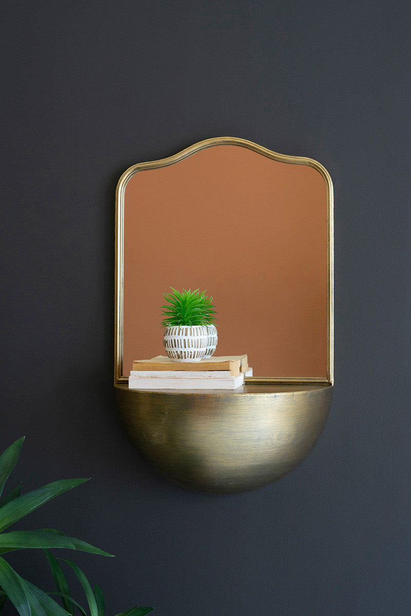 Antique Brass Metal Framed Mirror With Demi-Lune Shelf By Kalalou | Mirrors | Modishstore - 3