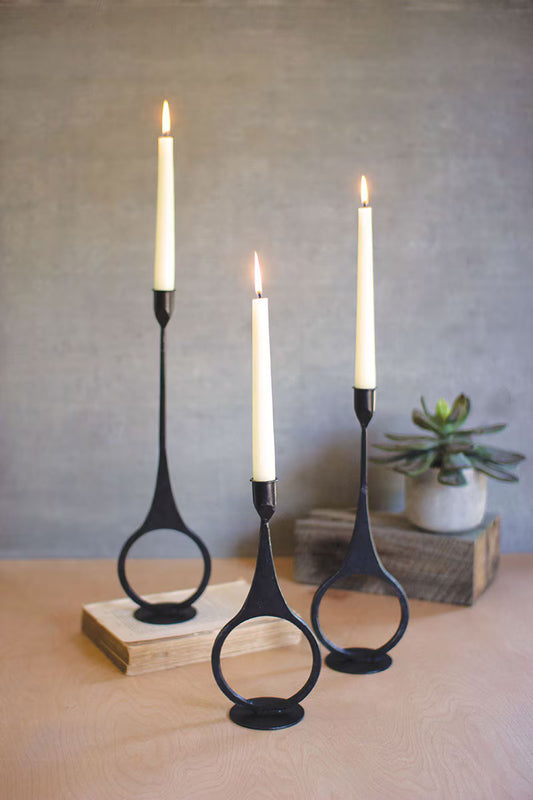 Set Of Three Cast Iron Taper Candle Holders W Ring Detail By Kalalou