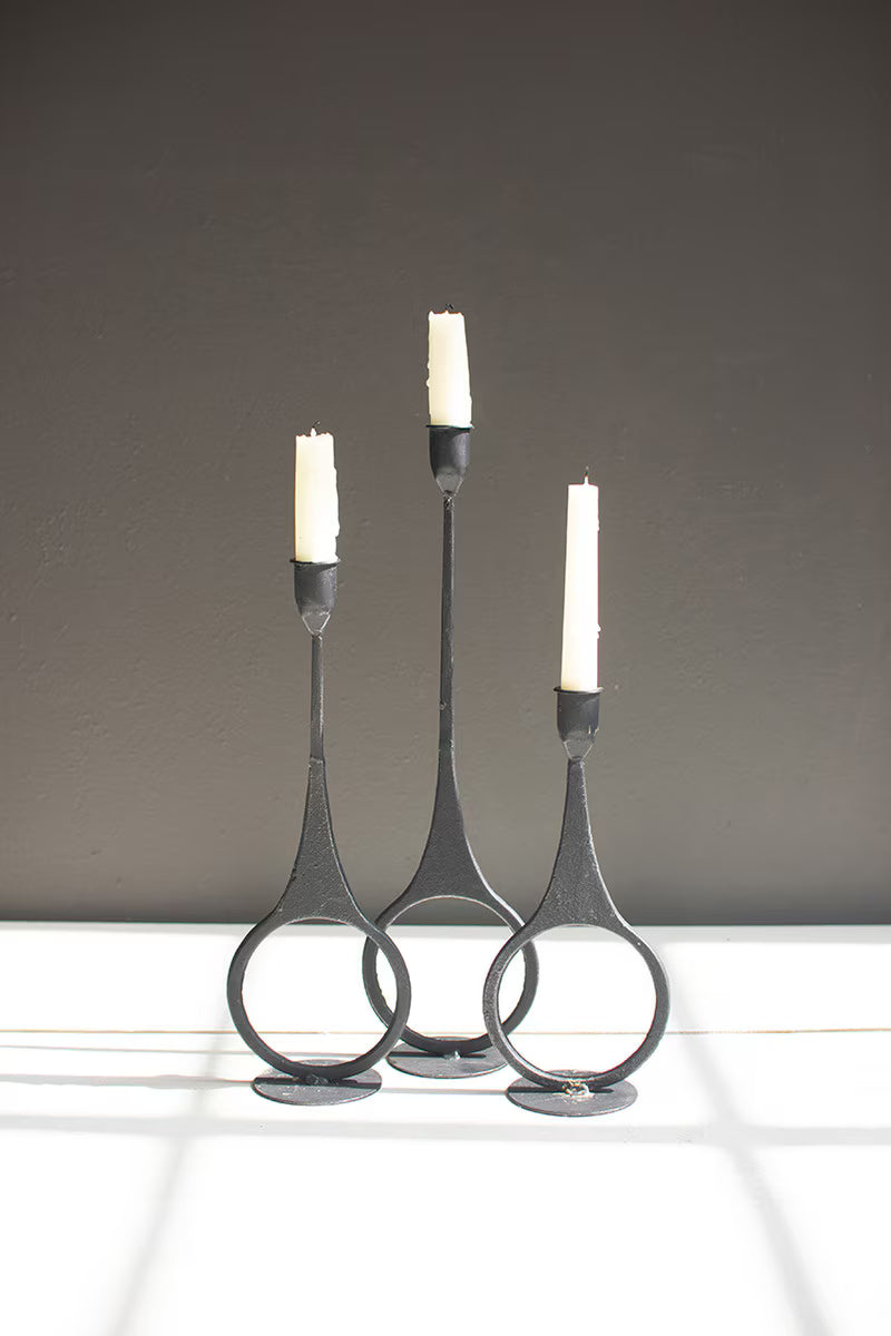 Set Of Three Cast Iron Taper Candle Holders W Ring Detail By Kalalou