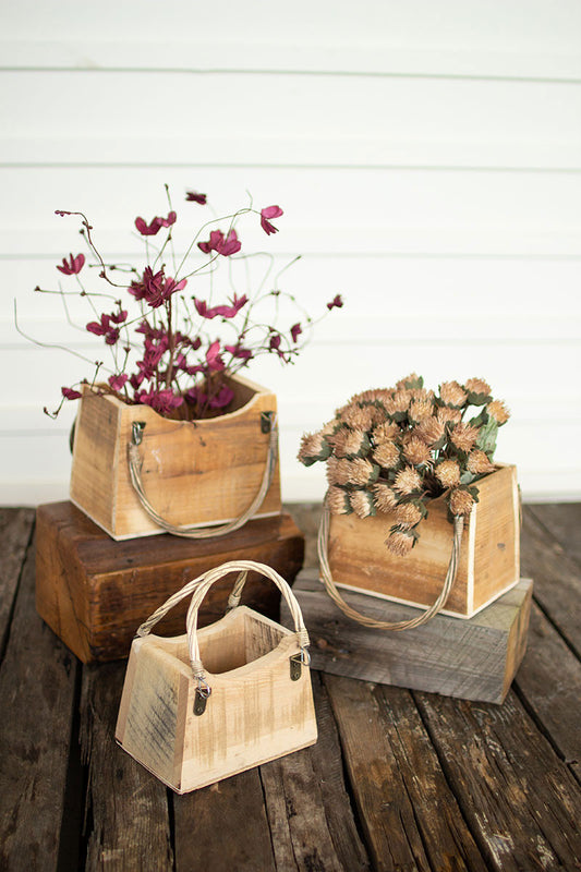Rustic Recycled Wood Hand Bag Planters (Min 2) Set Of 3 By Kalalou | Ornaments | Modishstore