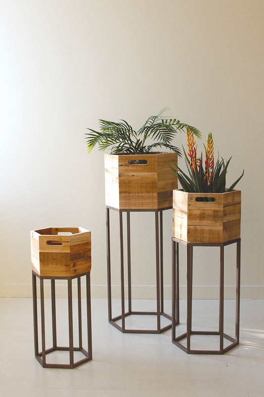 Set Three Hexagon Recycled Wood Planters On Metal Bases By Kalalou | Planters, Troughs & Cachepots | Modishstore