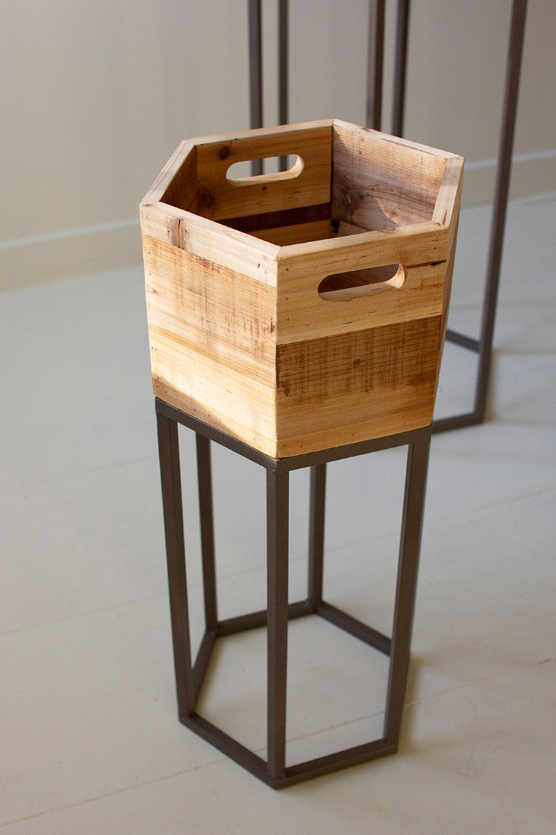Set Three Hexagon Recycled Wood Planters On Metal Bases By Kalalou | Planters, Troughs & Cachepots | Modishstore - 2