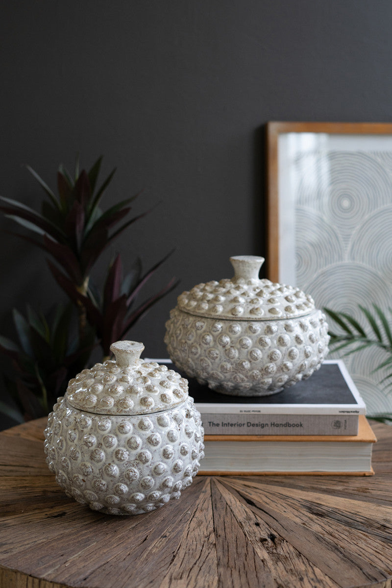 Round Knobby White Ceramic Canisters - Sea Urchins Set Of 2 By Kalalou | Jars & Canisters | Modishstore - 4
