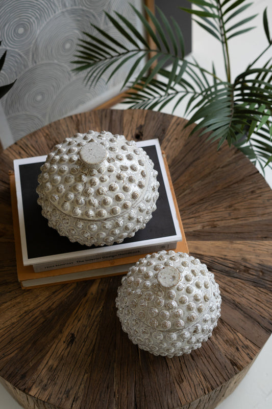 Round Knobby White Ceramic Canisters - Sea Urchins Set Of 2 By Kalalou | Jars & Canisters | Modishstore