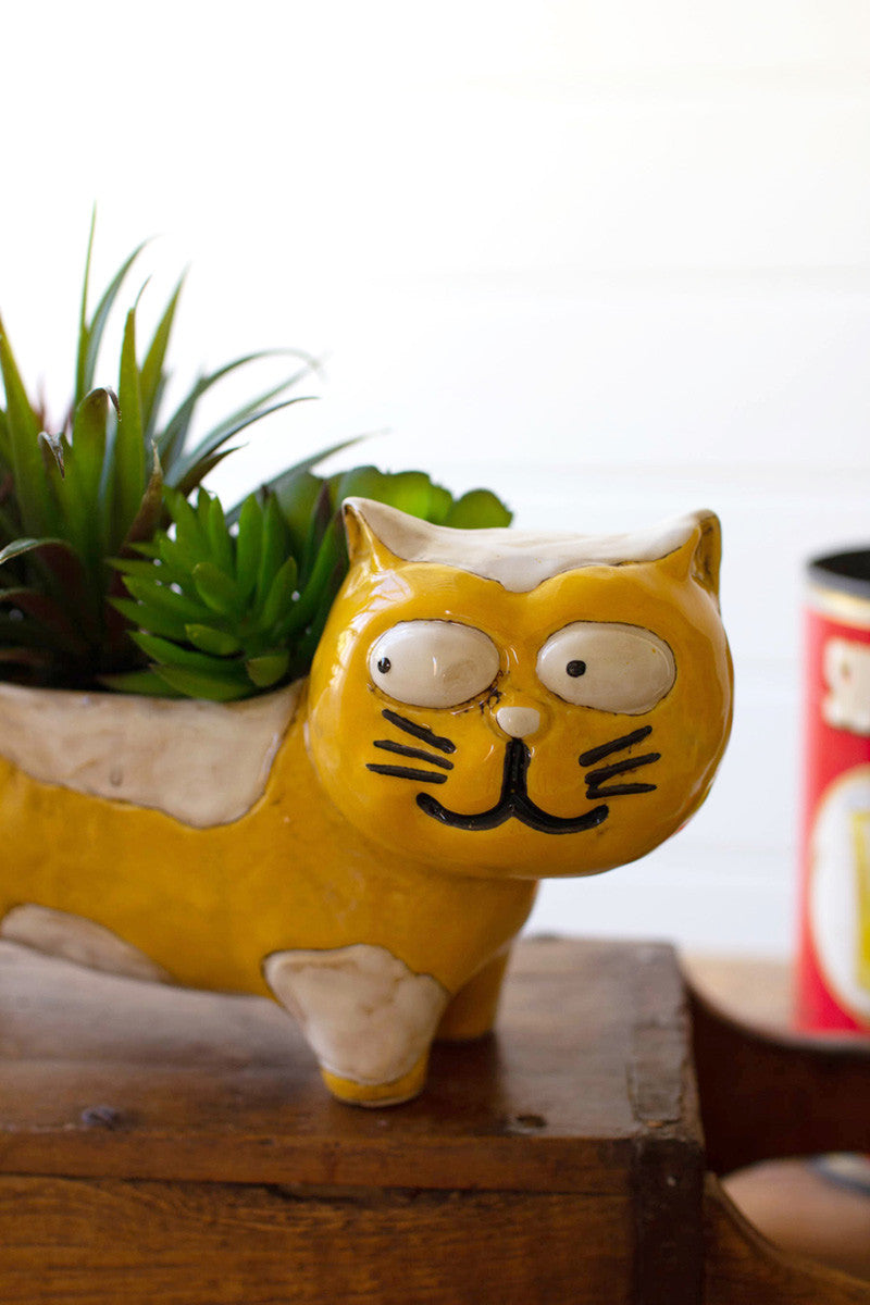 Ceramic Yellow And White Cat Planter (Min 2) By Kalalou | Planters, Troughs & Cachepots | Modishstore - 2