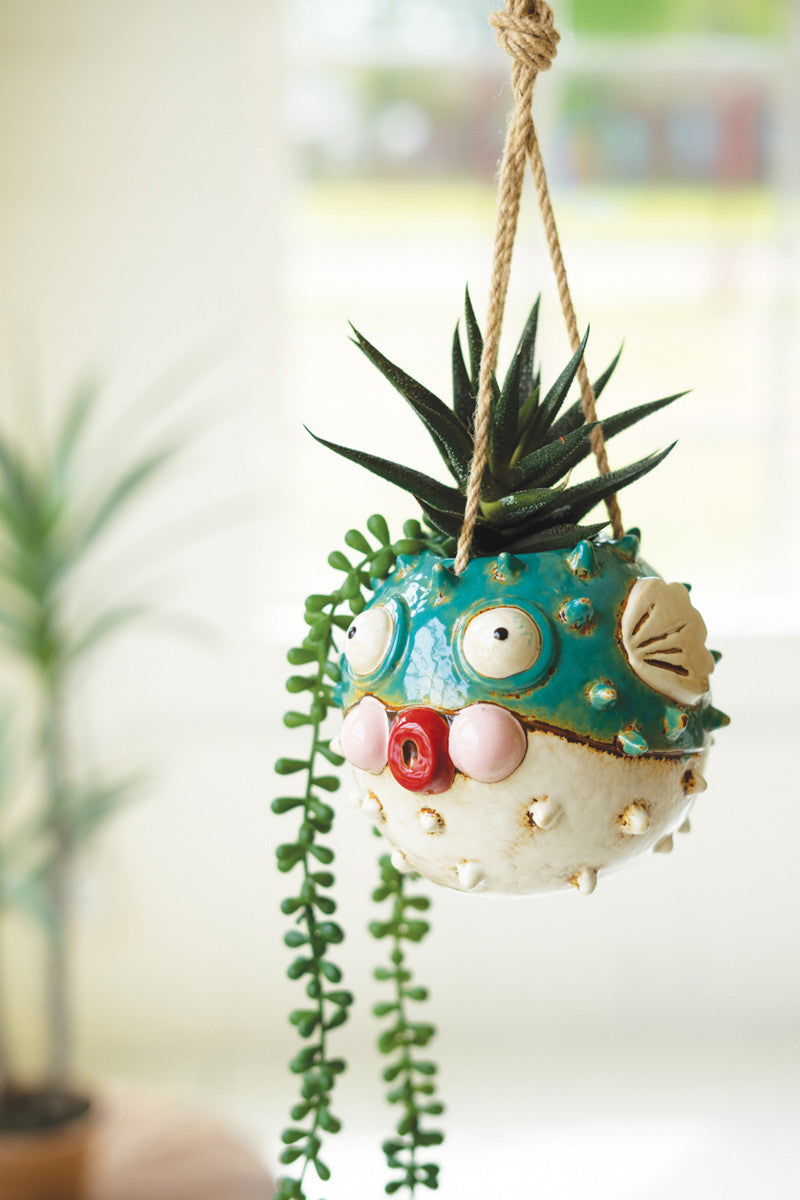 Ceramic Hanging Blowfish Planter By Kalalou | Planters, Troughs & Cachepots | Modishstore