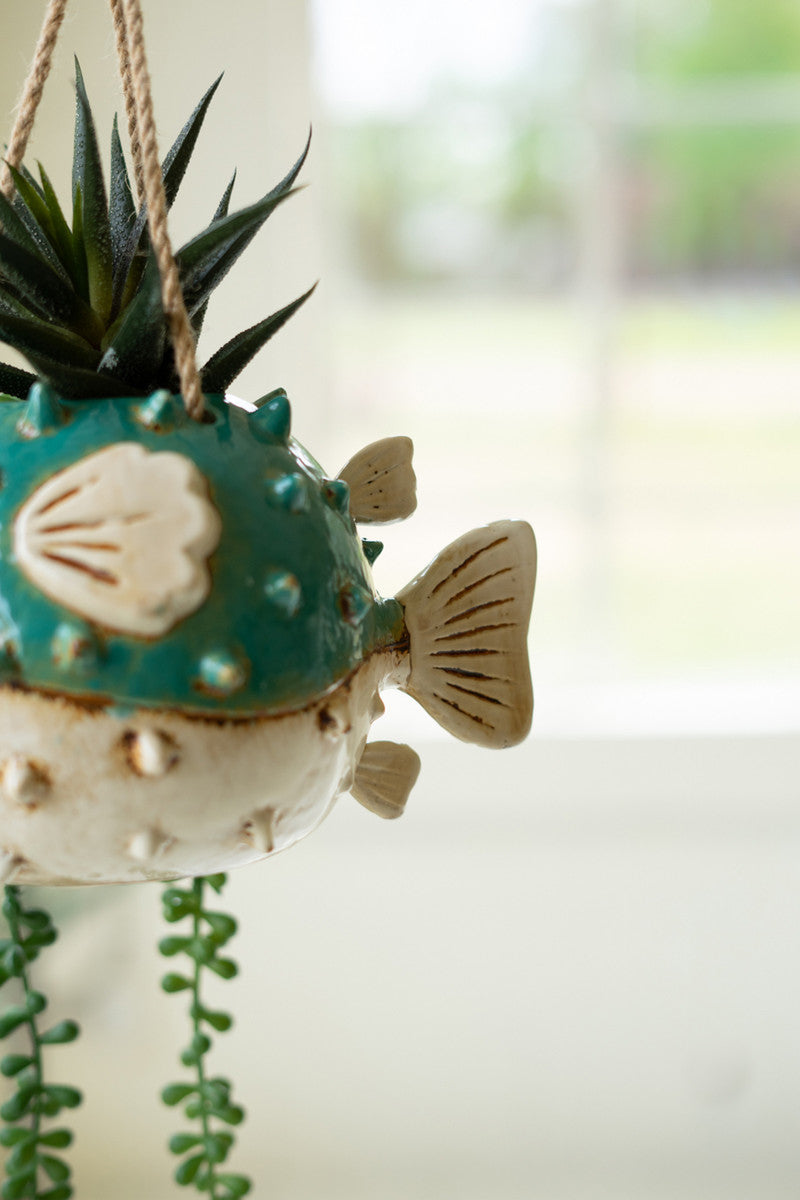 Ceramic Hanging Blowfish Planter By Kalalou | Planters, Troughs & Cachepots | Modishstore - 3