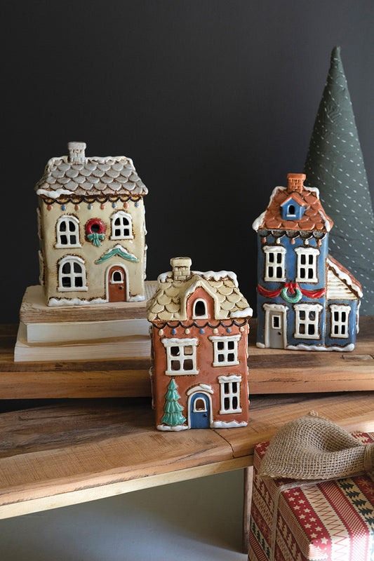 Ceramic Christmas Houses Set Of 3 By Kalalou | Candle Holders | Modishstore