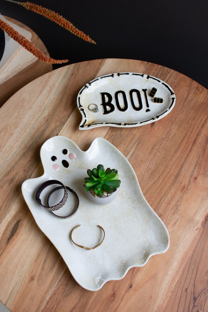 Set Of Two "Boo" Ghost Ceramic Serving Platters (Min 2) By Kalalou | Trays | Modishstore - 2