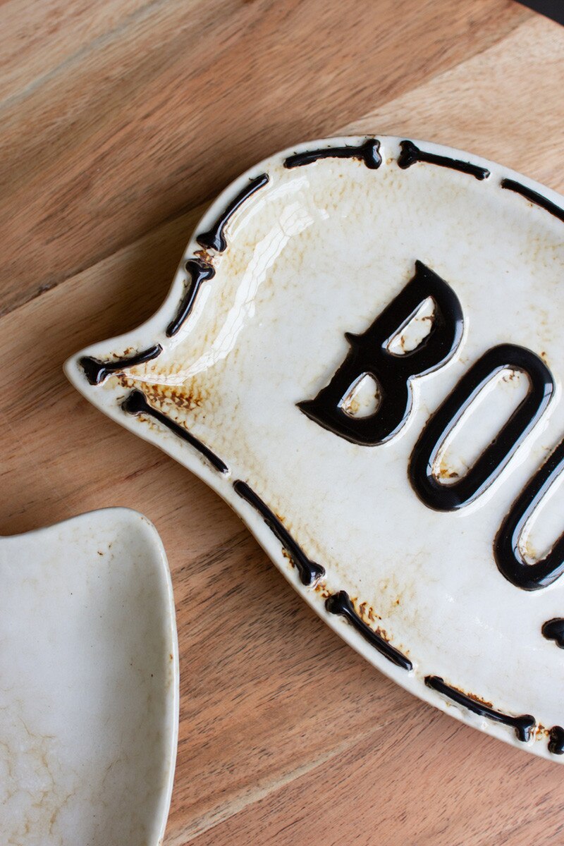 Set Of Two "Boo" Ghost Ceramic Serving Platters (Min 2) By Kalalou | Trays | Modishstore - 4