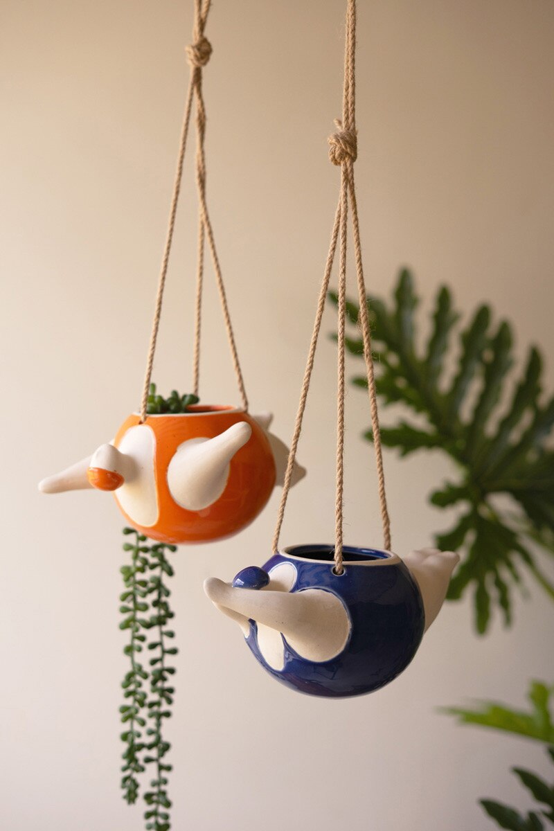 Set Of Two Hanging  Ceramic Swimmers Planters - One Each By Kalalou