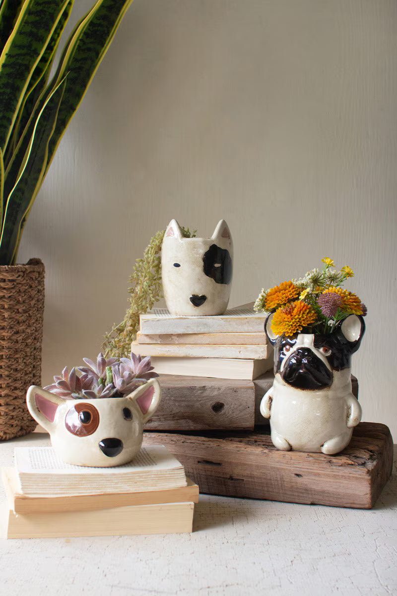 Set Of Two Ceramic Black And White Dog Head Planters (Min 2) By Kalalou