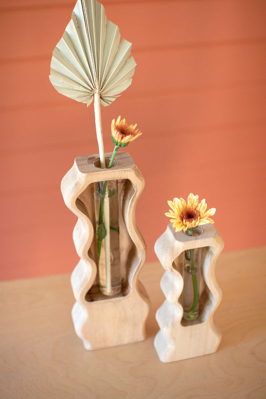 Carved Wood And Glass Bud Vases (Min 2) Set Of 2 By Kalalou | Vases | Modishstore