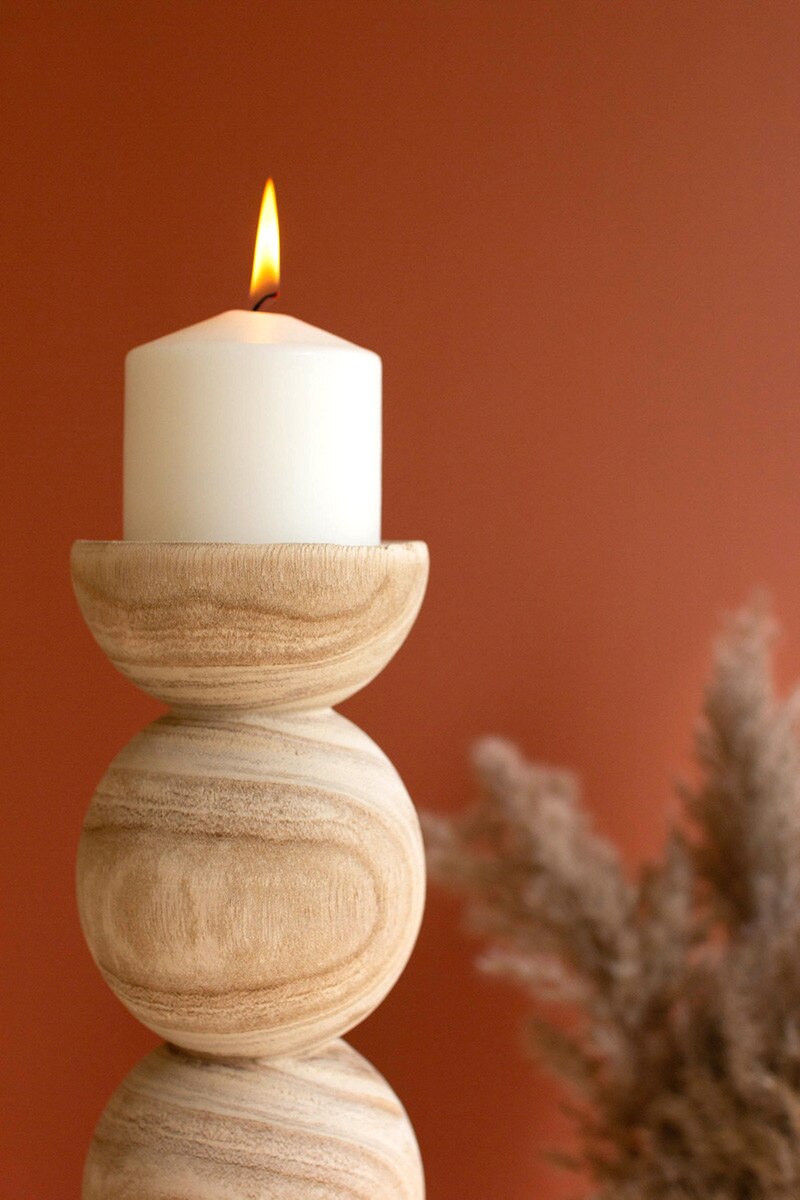 Set Of Two Hand Carved Wooden Stacked Ball Candle Holders (Min 2) By Kalalou