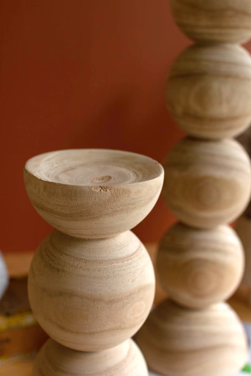 Set Of Two Hand Carved Wooden Stacked Ball Candle Holders - Thumbnail 3