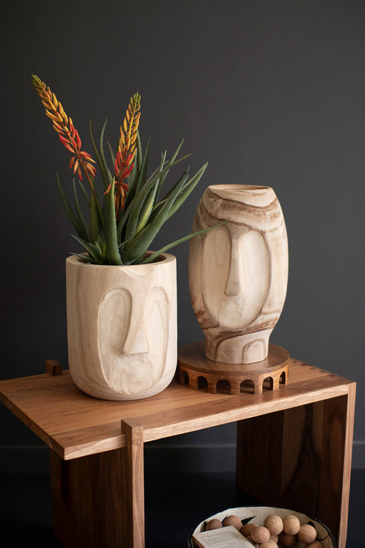 Wood Hand-Carved Face Planters Set Of 2 By Kalalou | Vases | Modishstore
