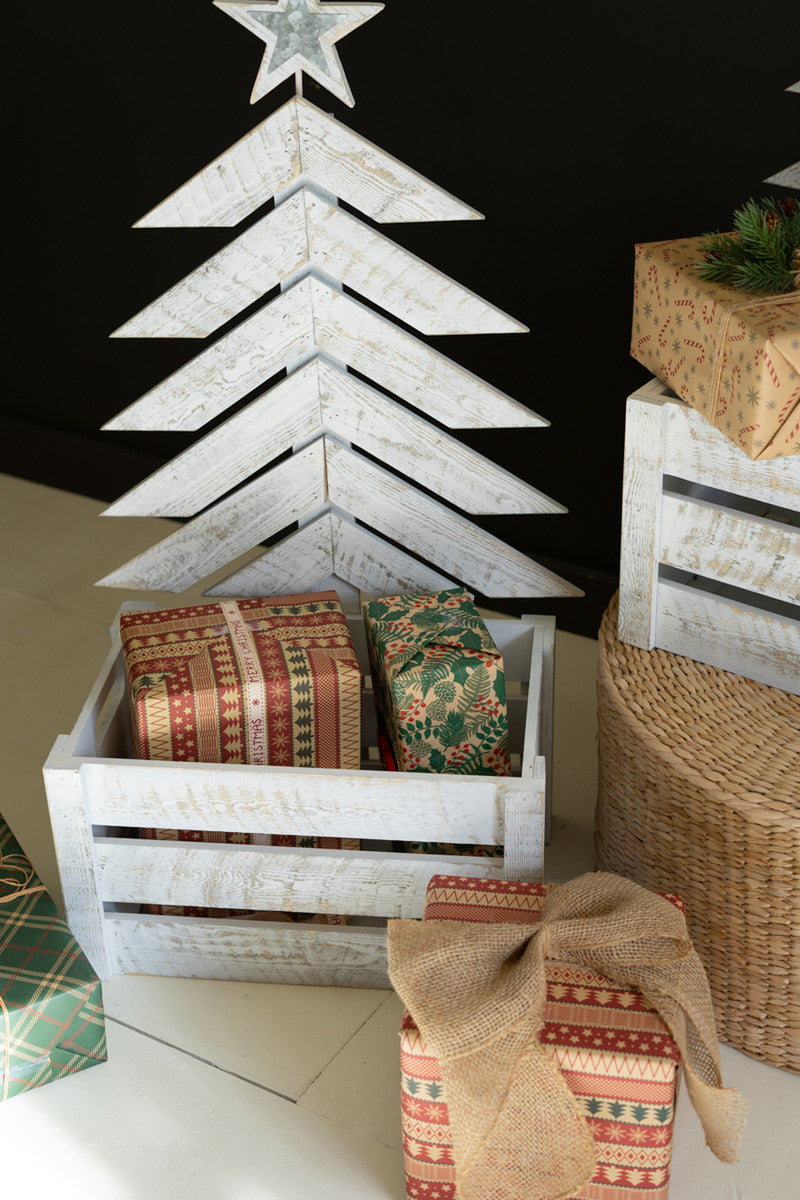 Recycled Distressed White Wooden Christmas Trees With Crate By Kalalou | Christmas Trees | Modishstore - 2