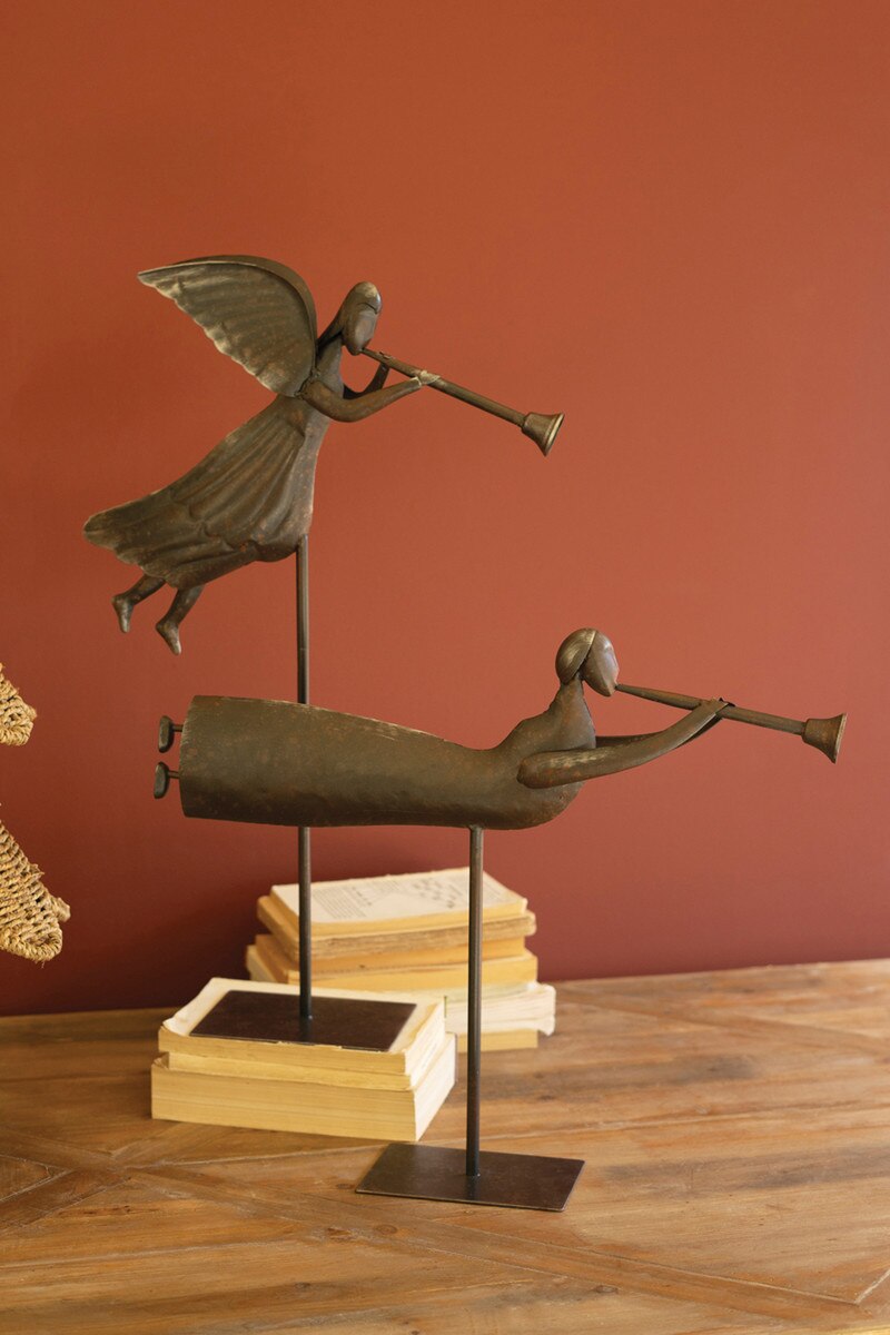Set Of Two Rustic Metal Folk Art Angels By Kalalou