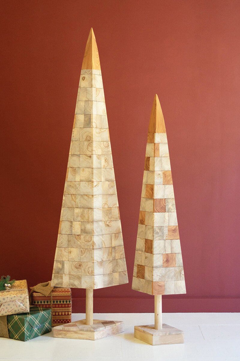 Set Of Two Assorted Wood Block Chirstmas Trees - Squares By Kalalou | Holiday | Modishstore - 1