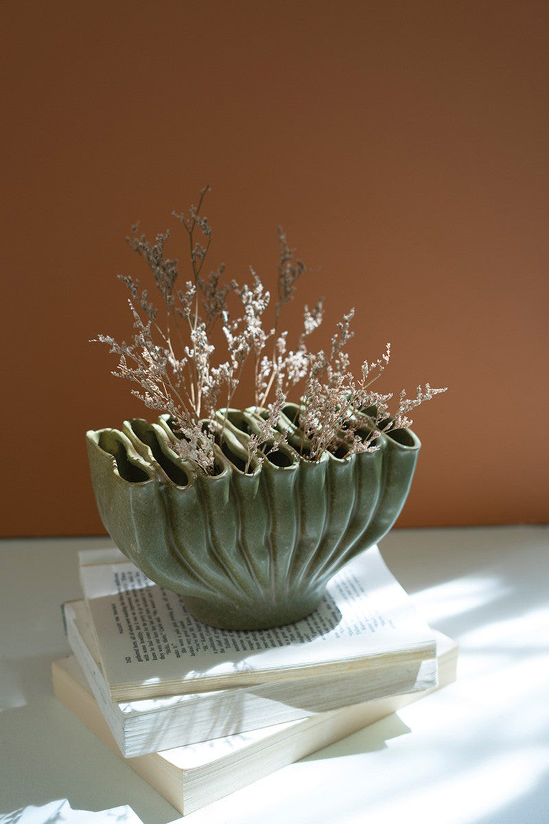 Green Ceramic Folds Vase (Min 2) By Kalalou | Vases | Modishstore