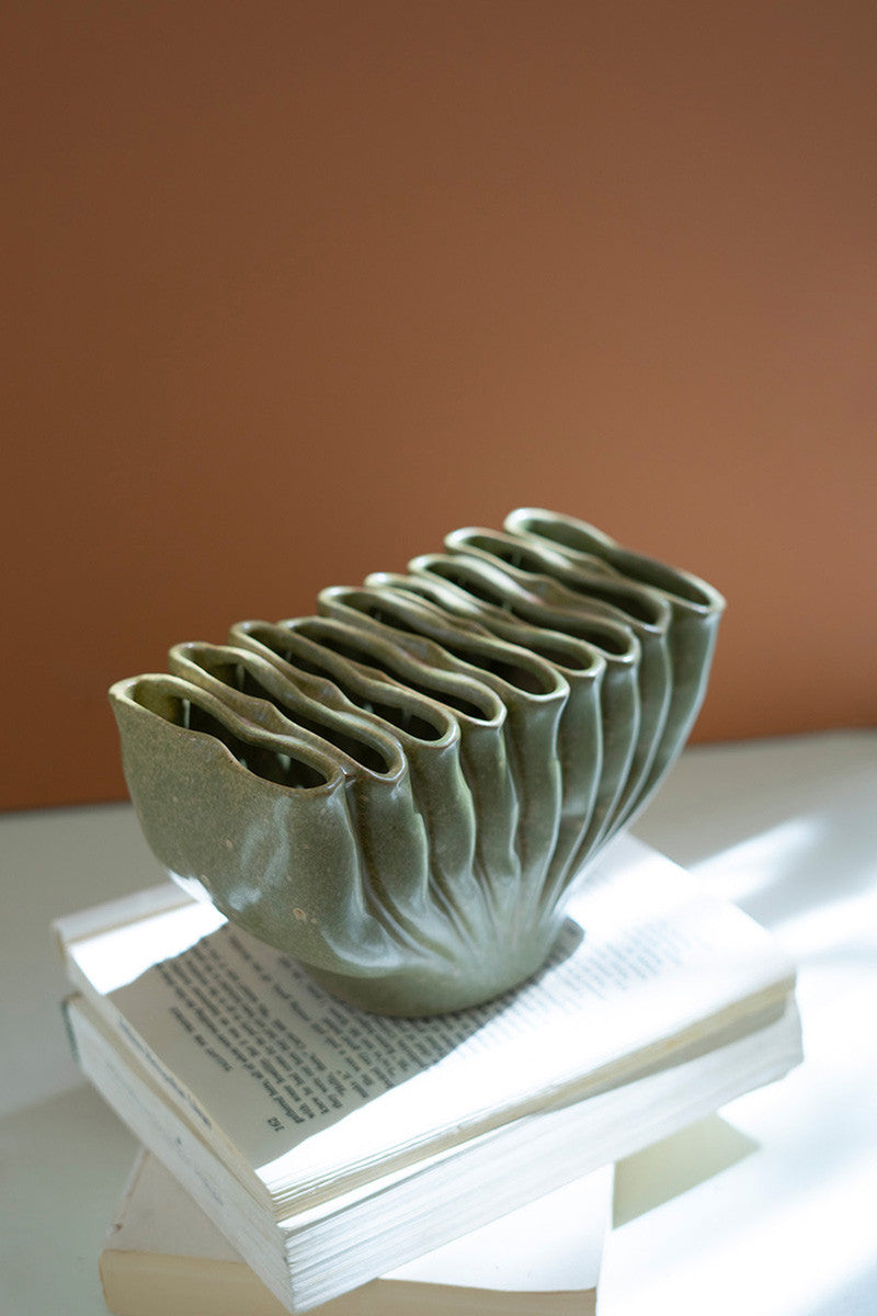 Green Ceramic Folds Vase (Min 2) By Kalalou | Vases | Modishstore - 2