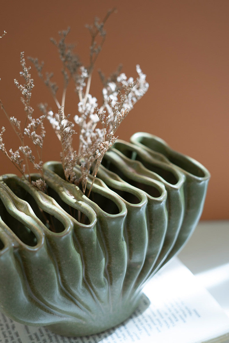 Green Ceramic Folds Vase (Min 2) By Kalalou | Vases | Modishstore - 3