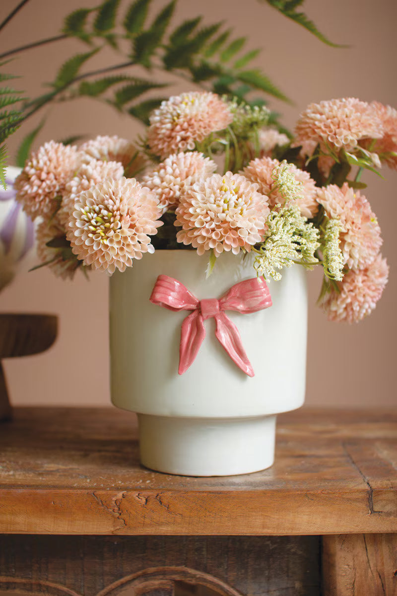 Ceramic Flower Pot With Pink Bow (Min 2) By Kalalou