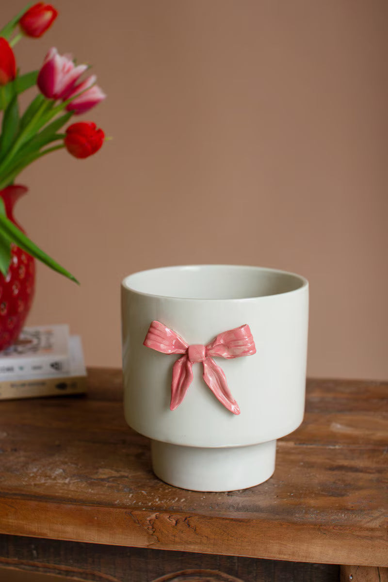Ceramic Flower Pot With Pink Bow (Min 2) By Kalalou