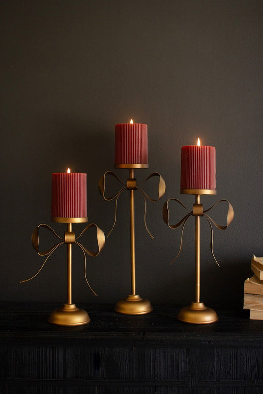 Set Of Three Antique Brass Pillar Candle Stands -Bow Detail By Kalalou