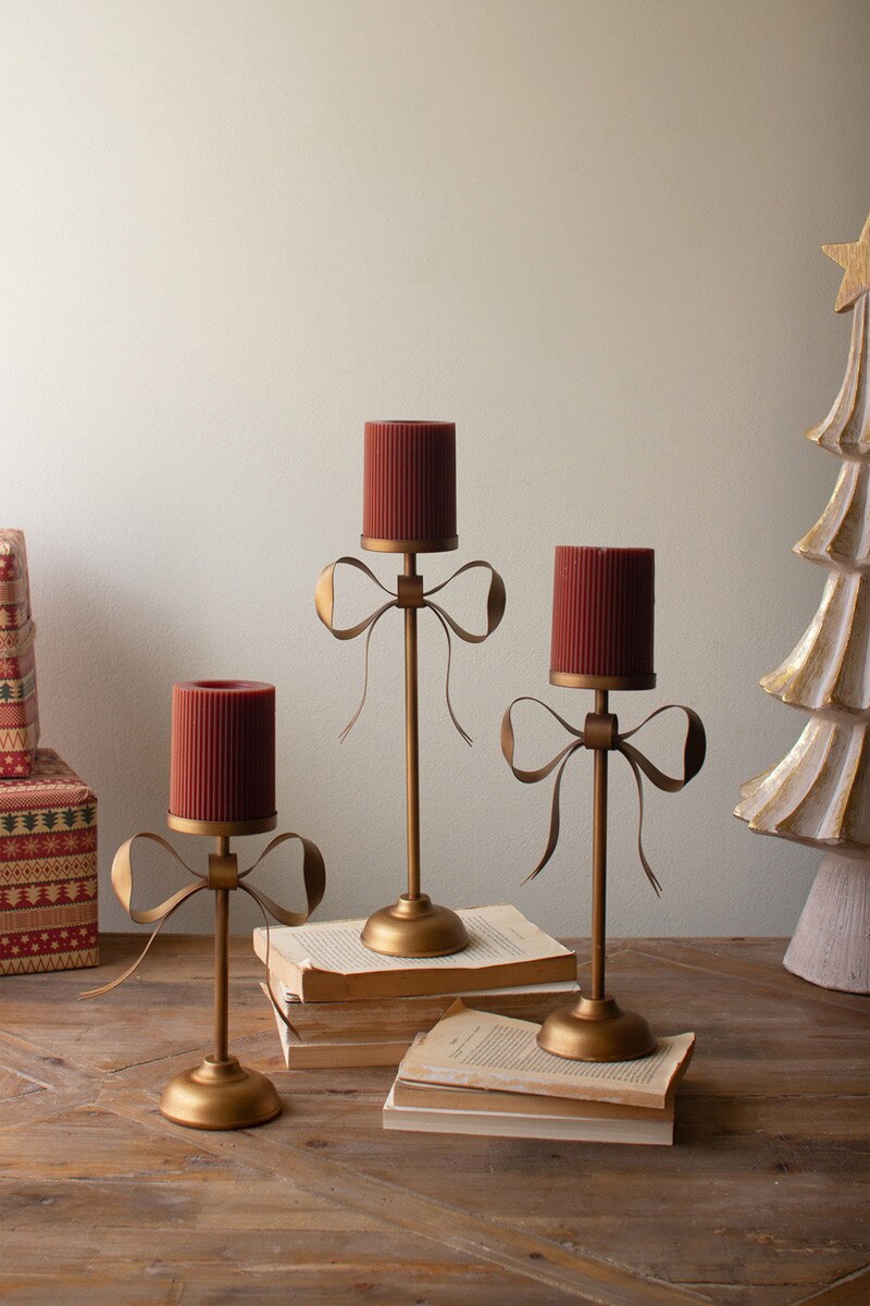Set Of Three Antique Brass Pillar Candle Stands -Bow Detail By Kalalou