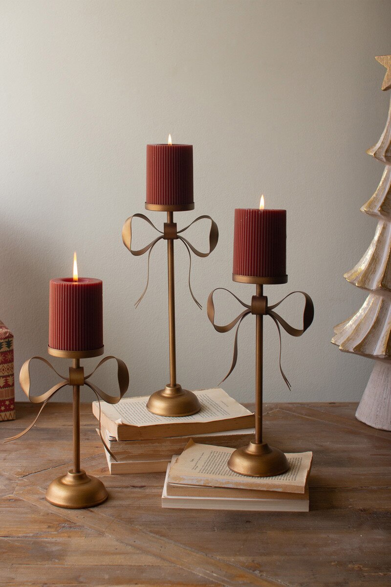 Set Of Three Antique Brass Pillar Candle Stands -Bow Detail By Kalalou