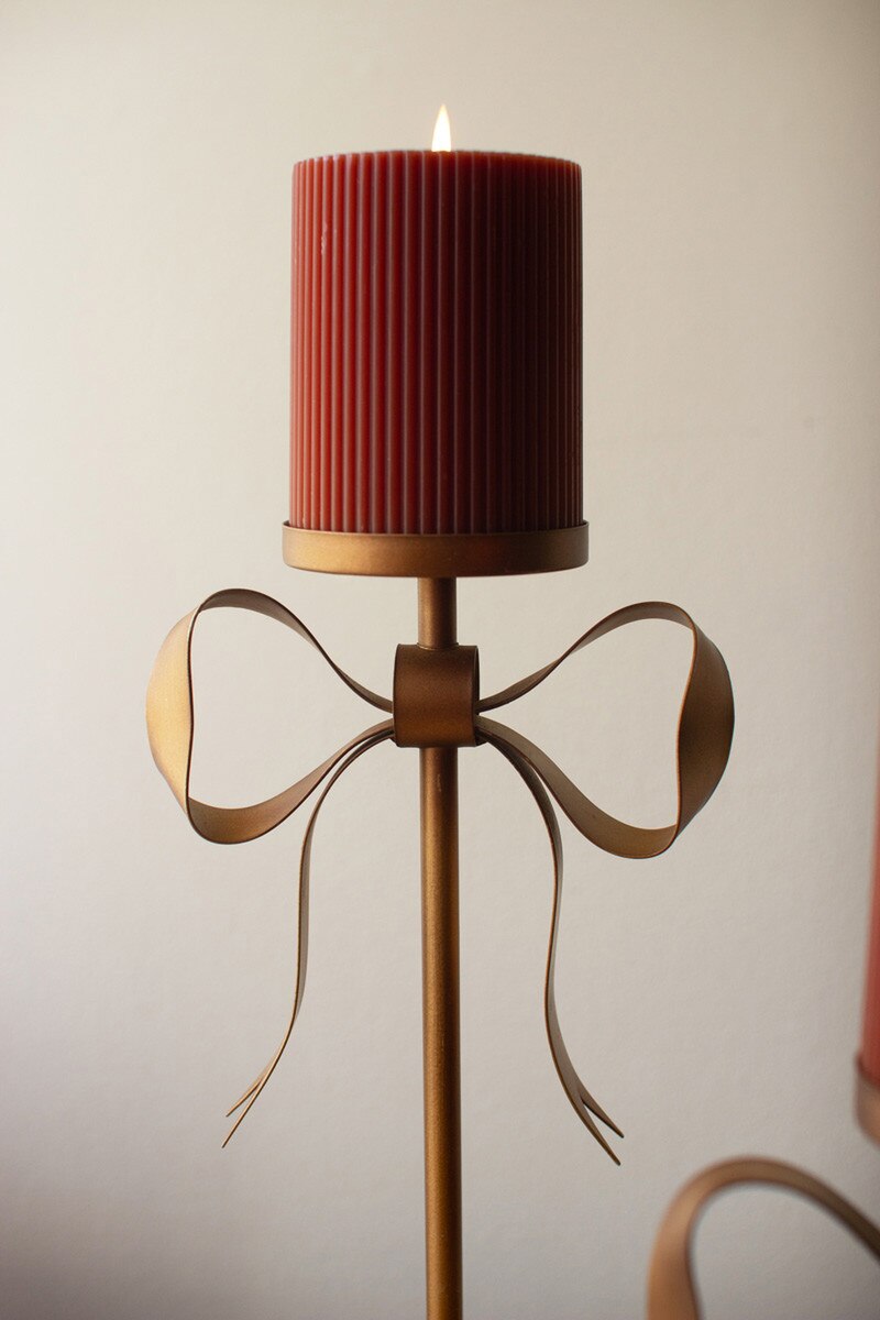 Set Of Three Antique Brass Pillar Candle Stands -Bow Detail By Kalalou