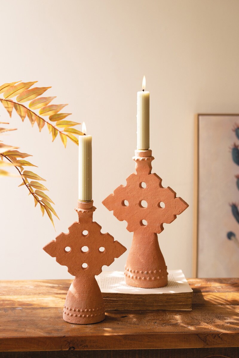 Set Of Two Terracotta Taper Candle Holders (Min 3 Sets) By Kalalou