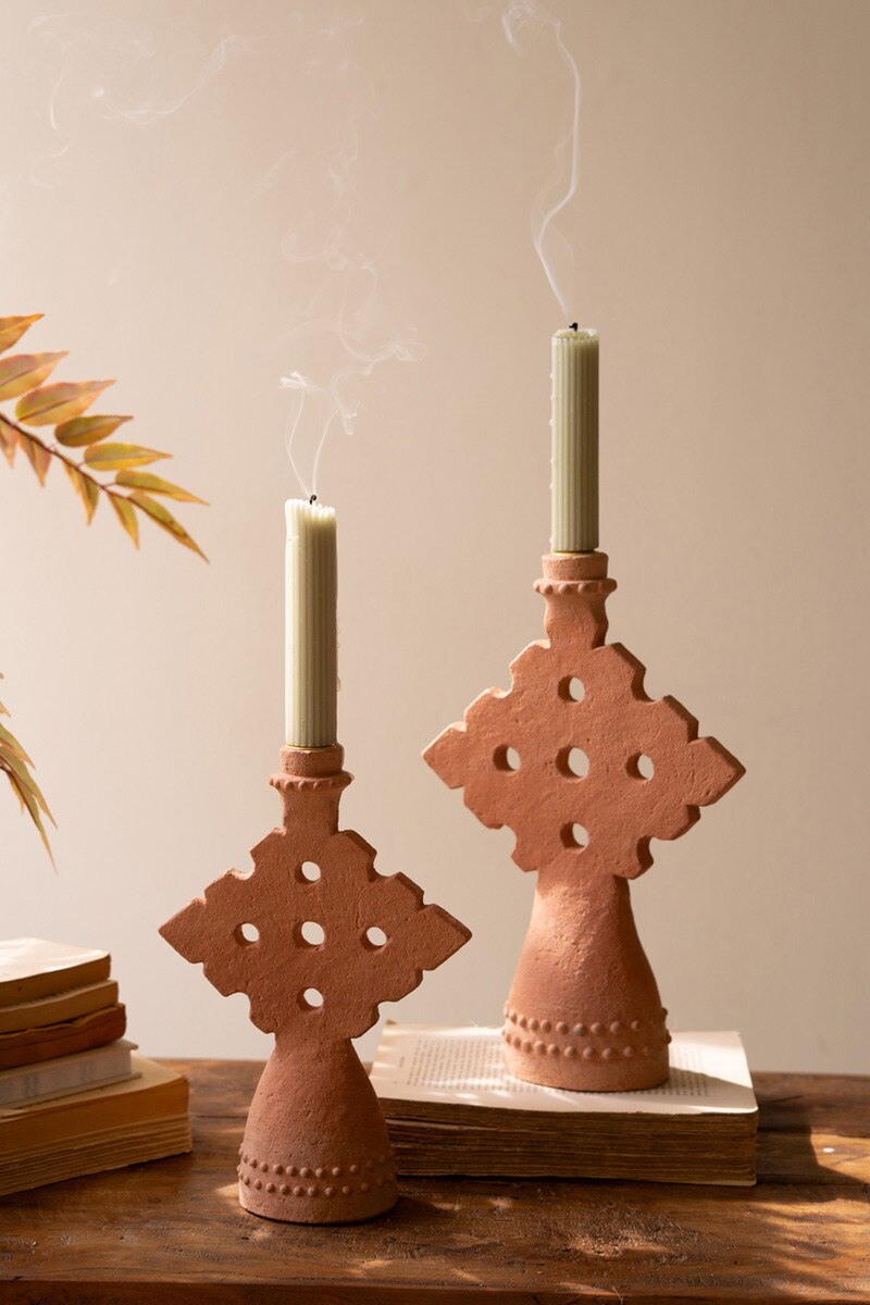 Set Of Two Terracotta Taper Candle Holders (Min 3 Sets) By Kalalou