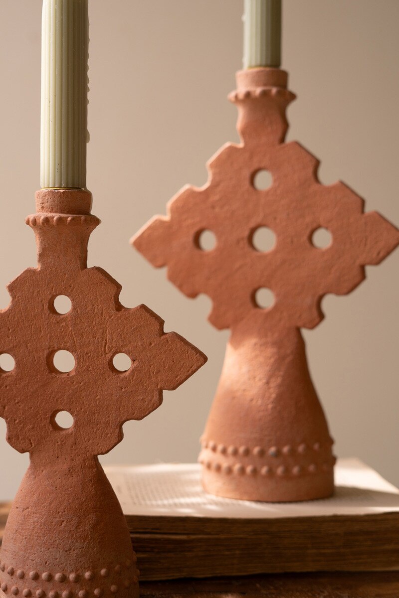 Set Of Two Terracotta Taper Candle Holders (Min 3 Sets) By Kalalou
