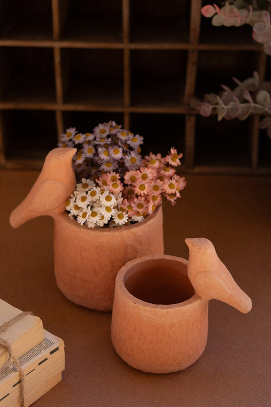 Set Of Two Concrete Planters With Birds - Terracotta (Min 2) By Kalalou