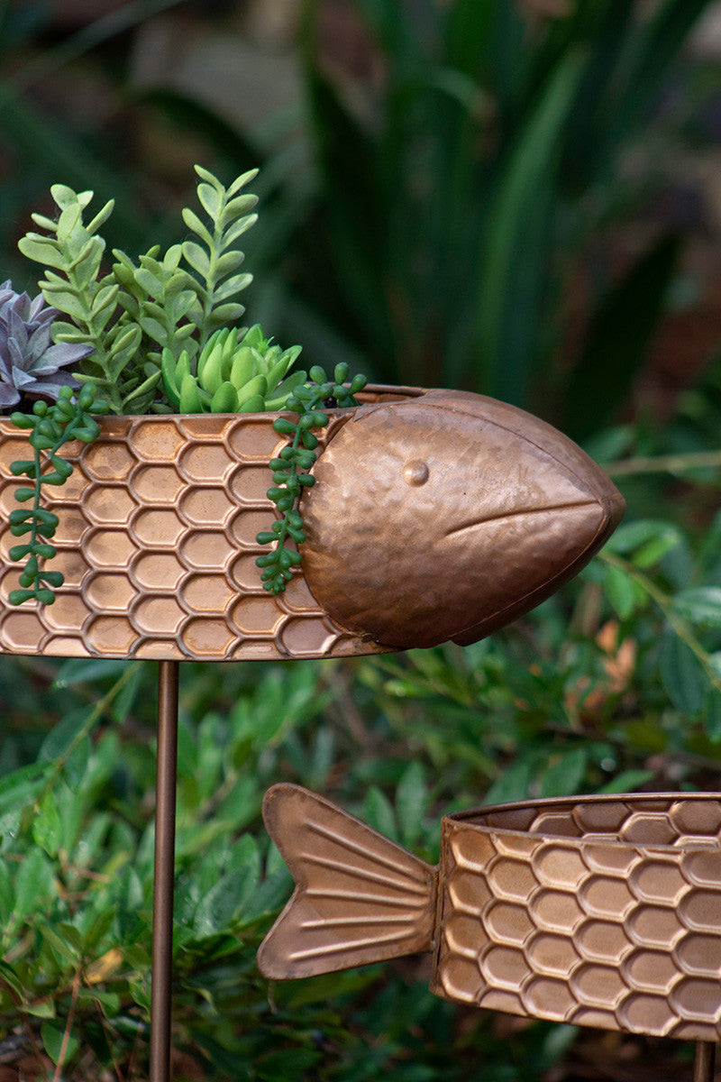 Metal Fish Planter Yard Stakes Copper Finish Set Of 2 By Kalalou | Garden Sculptures & Statues | Modishstore - 2
